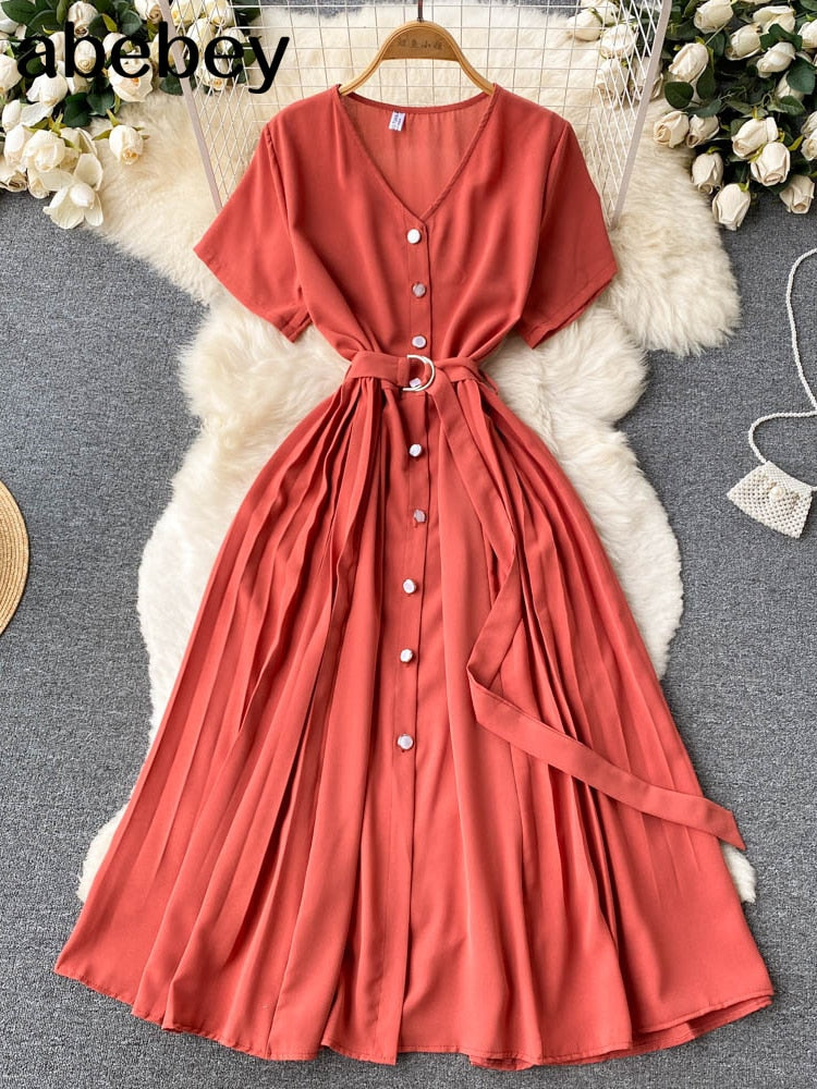 Summer Vacation Chiffon Dresses For Women 2022 Pleated Long Dress Solid Color Temperament V-neck Maxi Bohemia Dress Robe Femme