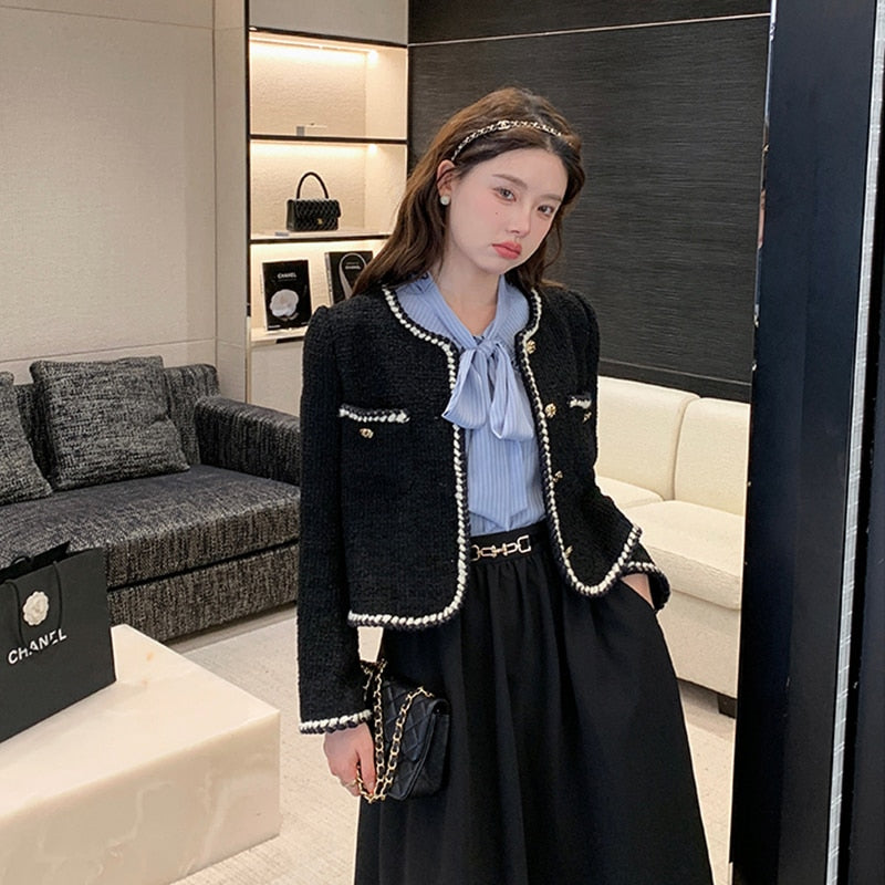 Vintage Women's Jacket New Korean Fashion Black Chic Office Ladies Casual Elegant Long Sleeve Single Breasted Coat Female Blazer