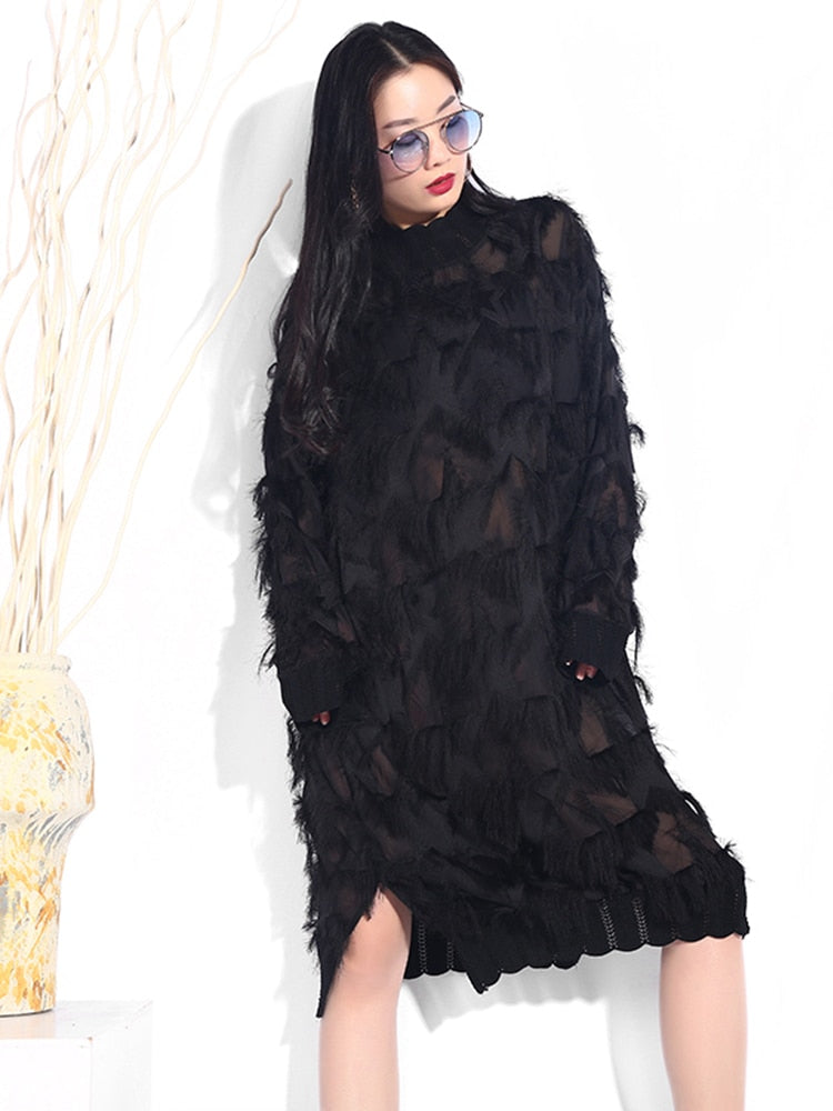 [EAM] 2023 New Spring Autumn Stand Collar Long Sleeve Black Perspective Split Joint Big Size Dress Women Fashion Tide JI78