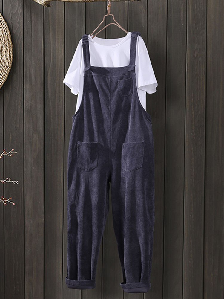 Corduroy Jumpsuits Casual Solid Color