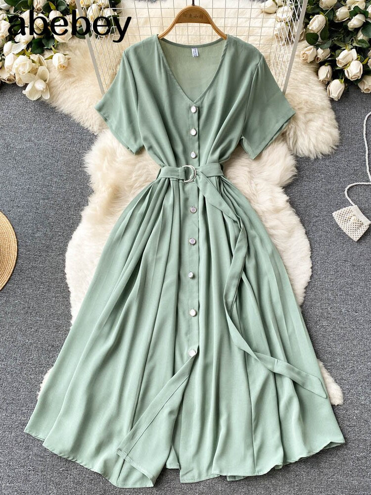 Summer Vacation Chiffon Dresses For Women 2022 Pleated Long Dress Solid Color Temperament V-neck Maxi Bohemia Dress Robe Femme