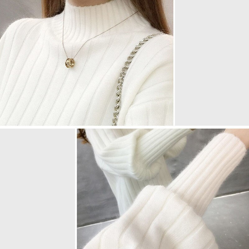 Sweater Ladies Half High Neck Pullover Pure Color 2022 New Fashion Korean Version Loose Lantern Sleeve Knitted Sweater Women