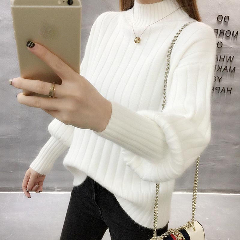 Sweater Ladies Half High Neck Pullover Pure Color 2022 New Fashion Korean Version Loose Lantern Sleeve Knitted Sweater Women