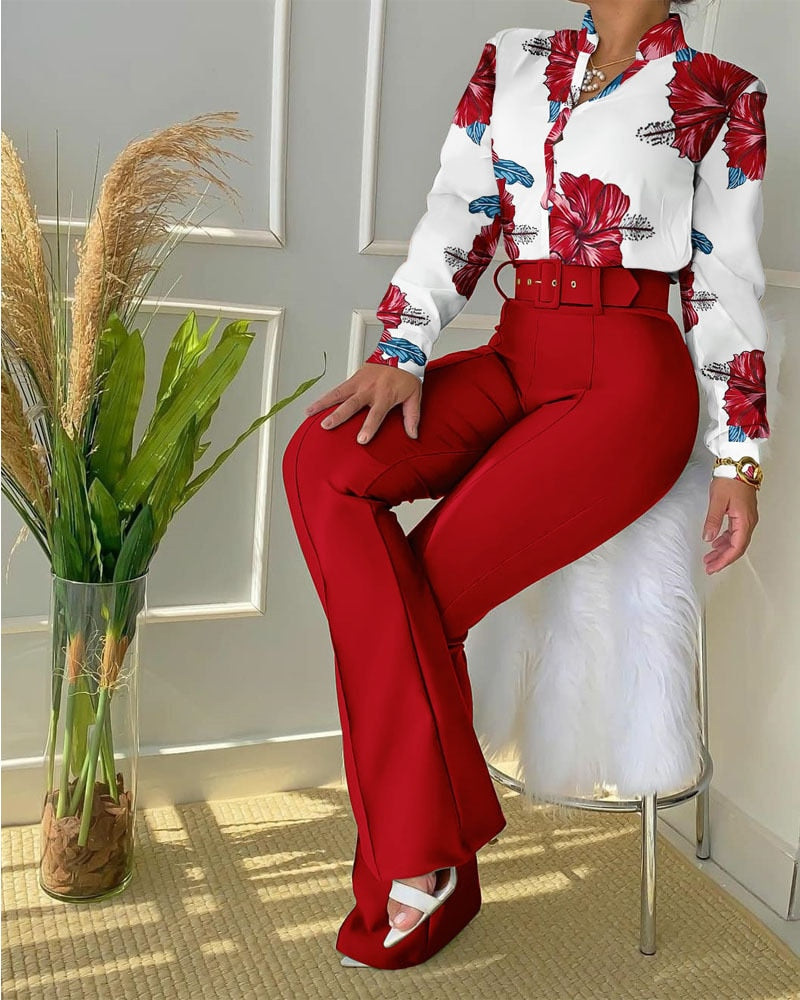 Women Stand Collar Button Pant Suits Printing Wide Leg Pants Slim Long Sleeve Ladies Outfit Casual Matching Set