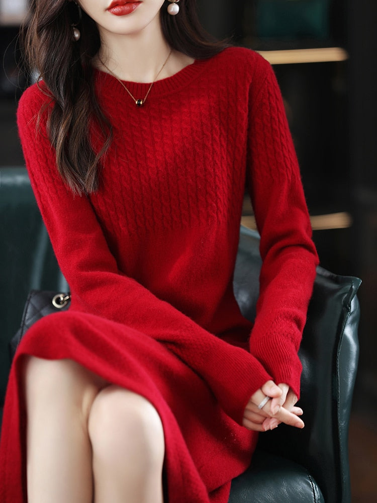 Round Neck Cashmere   Wool Dress