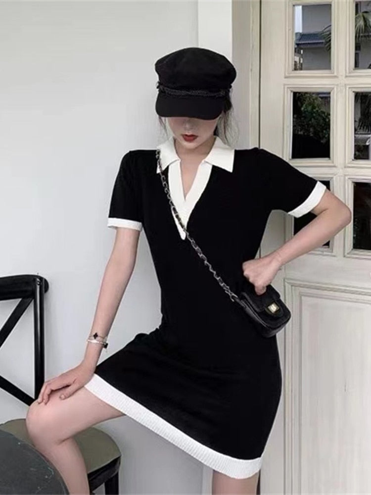 POLO Collar Short-sleeved Knitted Black Dress Summer New Hit Color Straight Loose V-neck T-shirt Short Skirt Base Layer Shirt