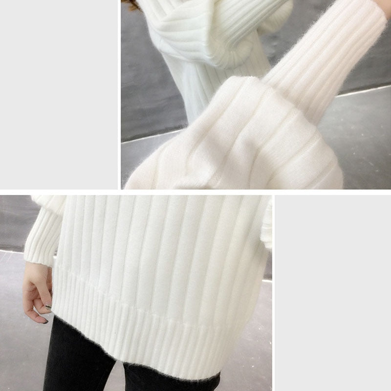 Sweater Ladies Half High Neck Pullover Pure Color 2022 New Fashion Korean Version Loose Lantern Sleeve Knitted Sweater Women