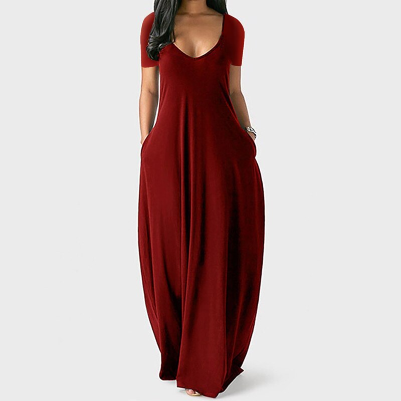 Summer Maxi Dress For Women Clothing 2022 Fashion Solid Color Sexy Deep V-neck Short Sleeve Casual Dress High Waist Pocket Robe