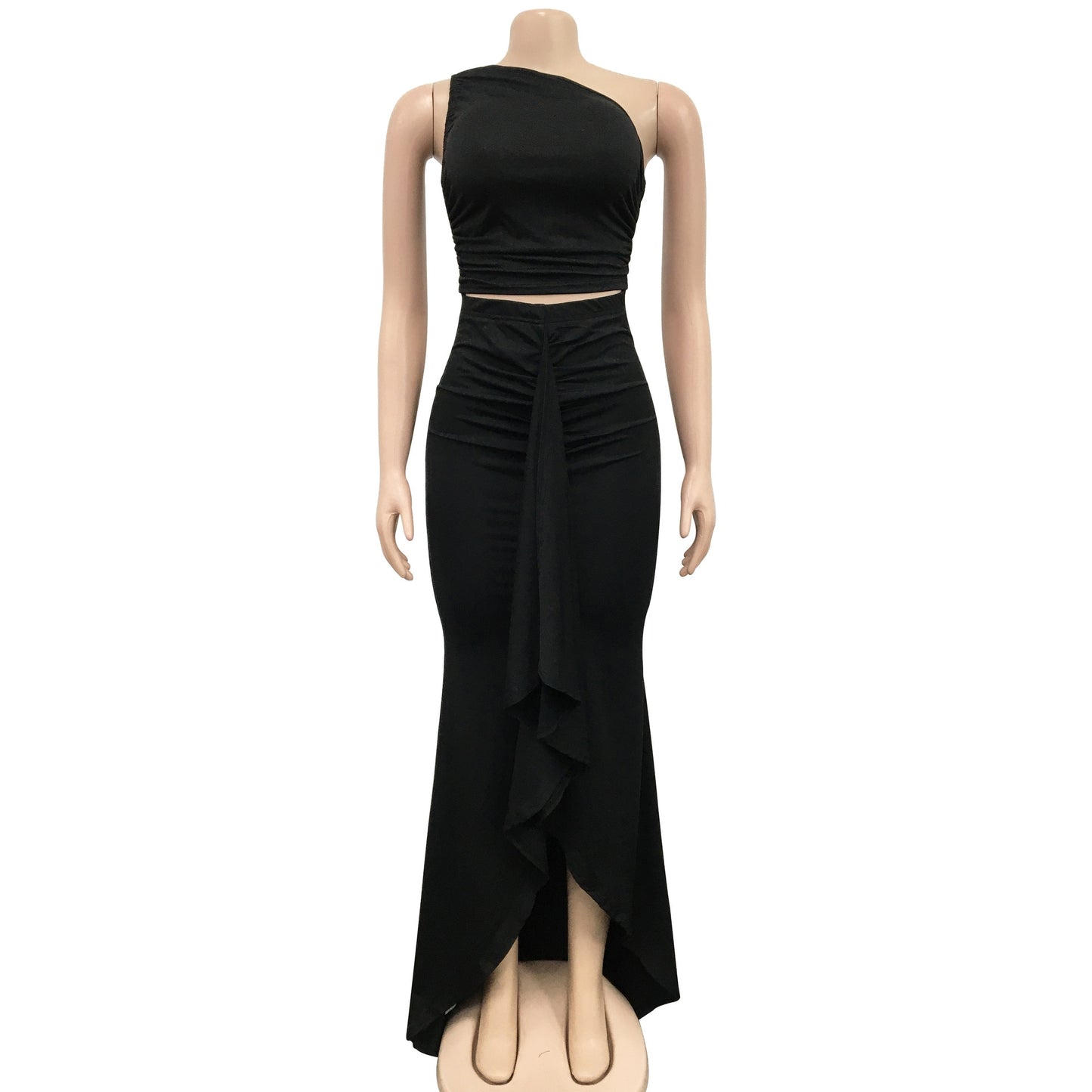 One Shoulder Skew Neck High Side Split Maxi Dresses