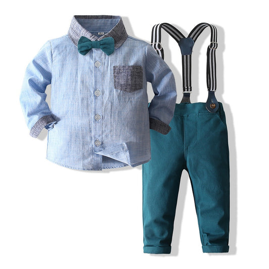 Plaid Shirt Bowtie And Suspender Strap Pants