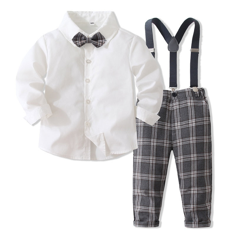 Plaid Shirt Bowtie And Suspender Strap Pants