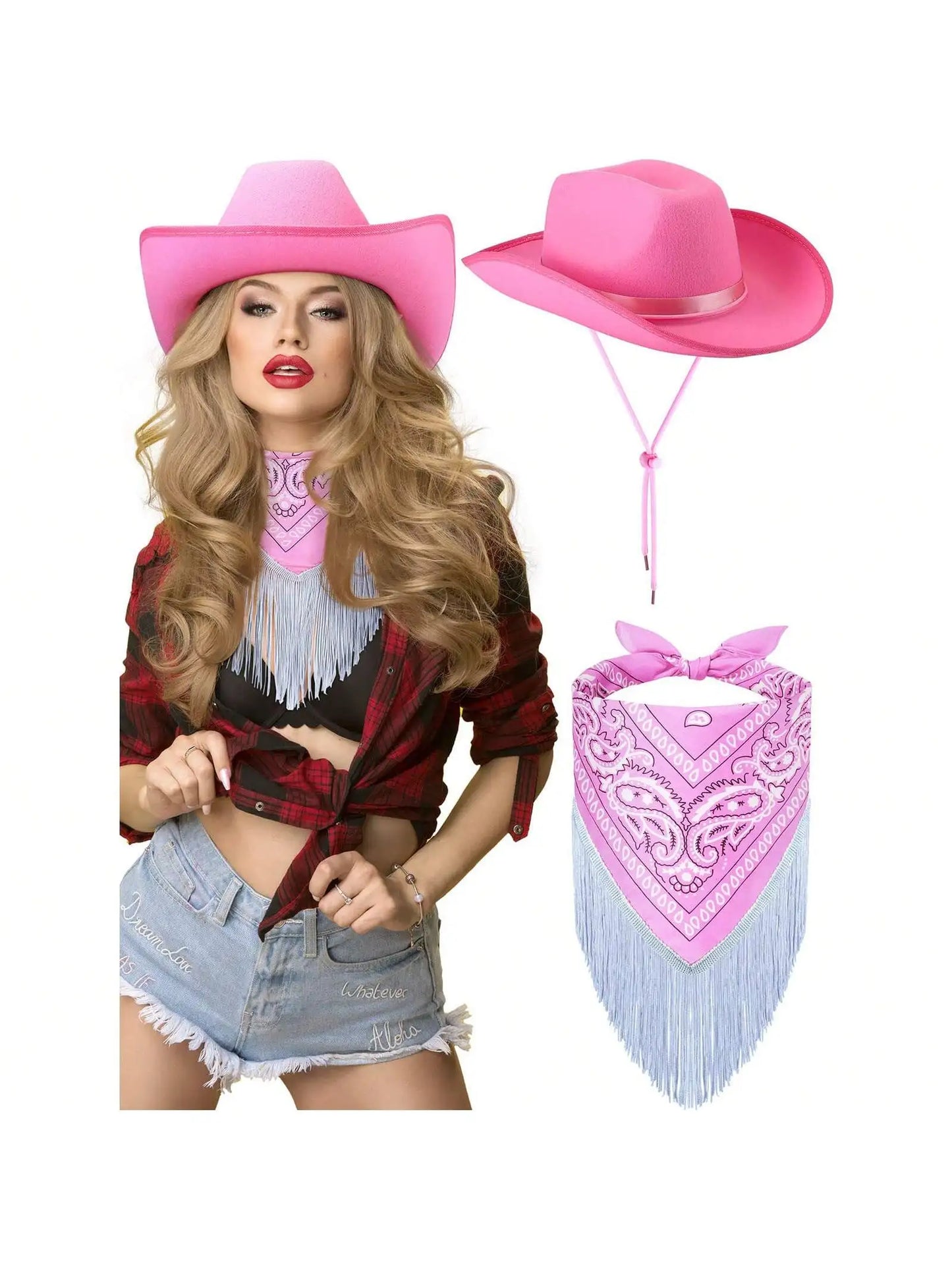 2pcs Cowgirl Hat Disco Fringed Bandana