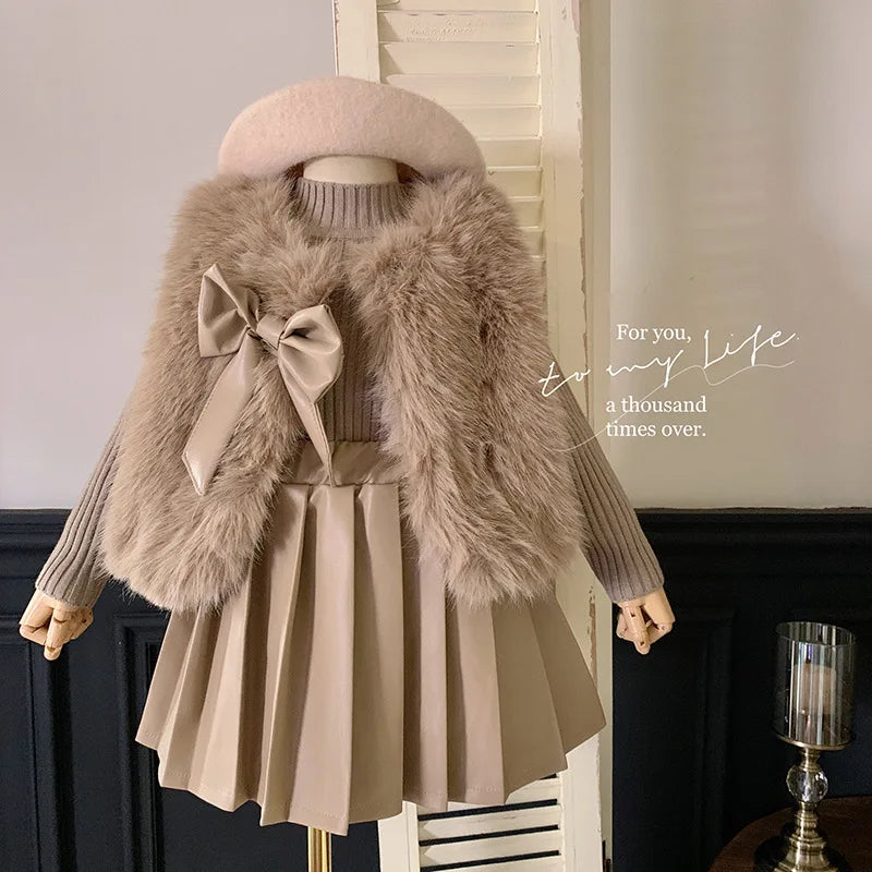 Fur Coat Coat Knitted Top Pleated Leather Skirt