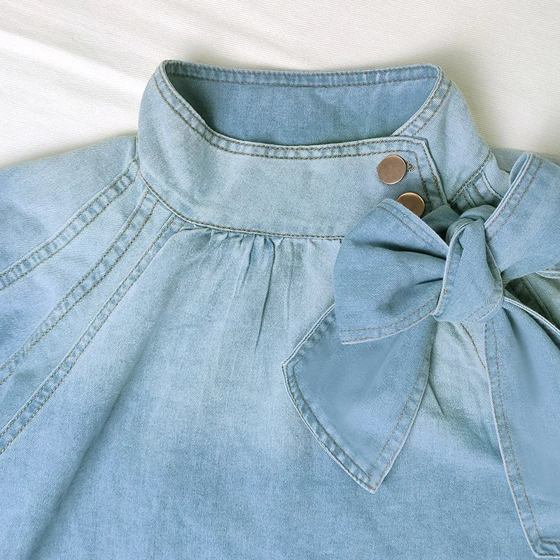 2023 Autumn Winter Blue Denim Top Bubble Sleeve Button Lace-up Clothing Fashion Casual Elegant Bow Belt Short Jacket for Street