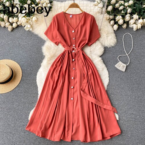 Summer Vacation Chiffon Dresses For Women 2022 Pleated Long Dress Solid Color Temperament V-neck Maxi Bohemia Dress Robe Femme