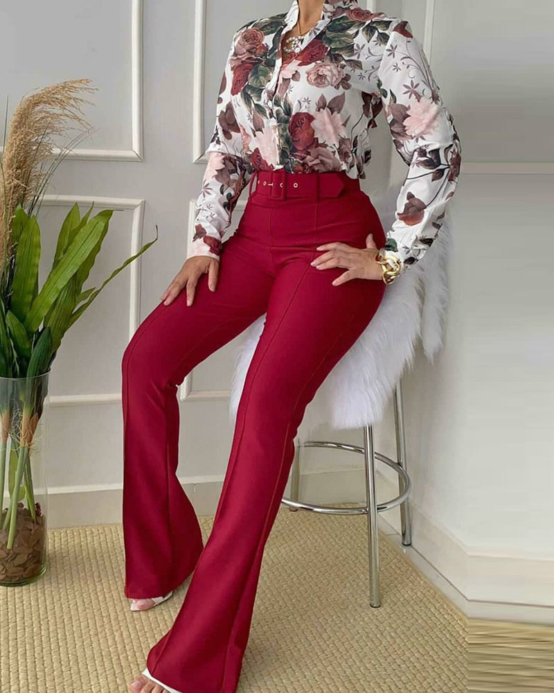 Women Stand Collar Button Pant Suits Printing Wide Leg Pants Slim Long Sleeve Ladies Outfit Casual Matching Set