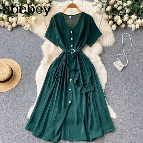 Summer Vacation Chiffon Dresses For Women 2022 Pleated Long Dress Solid Color Temperament V-neck Maxi Bohemia Dress Robe Femme