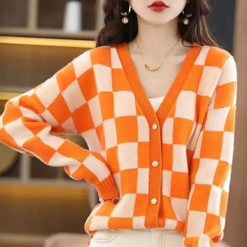 Knitted Sweater Women Oversized Cardigan Single Breasted Long Sleeve Tops Winter 2022 Korean Style Plaid Fashion Clothes Jumpers