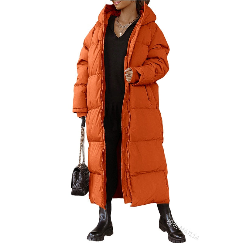 Hooded Solid Color Long Cotton Coat Fashion Casual Zipper Long Sleeve Women's Coat