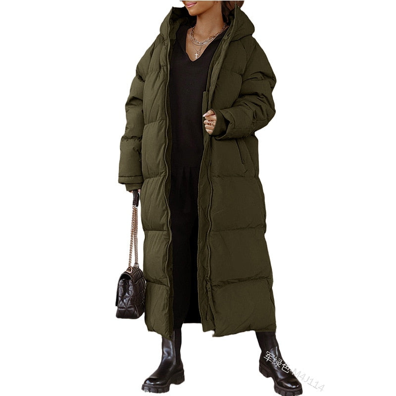 Hooded Solid Color Long Cotton Coat Fashion Casual Zipper Long Sleeve Women's Coat