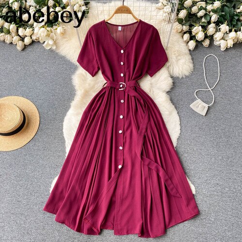 Summer Vacation Chiffon Dresses For Women 2022 Pleated Long Dress Solid Color Temperament V-neck Maxi Bohemia Dress Robe Femme