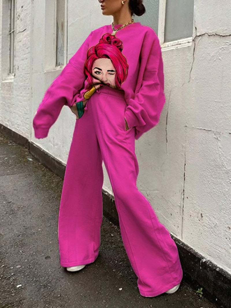 Oversize Tracksuit Women Two Piece Pants Sets Autumn Clothes Cartoon Print Pullover Sweatshirt Wide Leg Pants Suit Woman Outfits