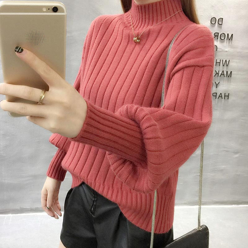 Sweater Ladies Half High Neck Pullover Pure Color 2022 New Fashion Korean Version Loose Lantern Sleeve Knitted Sweater Women