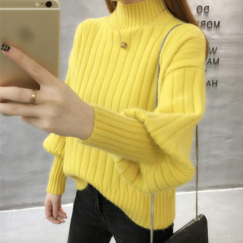 Sweater Ladies Half High Neck Pullover Pure Color 2022 New Fashion Korean Version Loose Lantern Sleeve Knitted Sweater Women