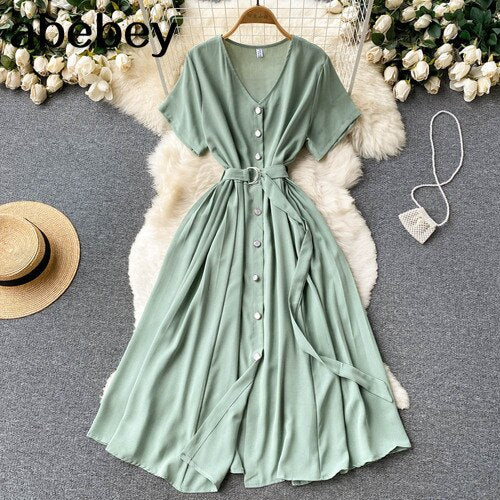 Summer Vacation Chiffon Dresses For Women 2022 Pleated Long Dress Solid Color Temperament V-neck Maxi Bohemia Dress Robe Femme