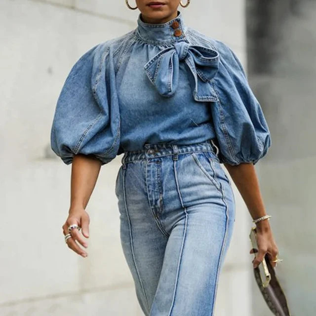 2023 Autumn Winter Blue Denim Top Bubble Sleeve Button Lace-up Clothing Fashion Casual Elegant Bow Belt Short Jacket for Street