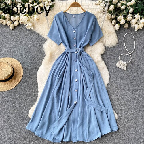 Summer Vacation Chiffon Dresses For Women 2022 Pleated Long Dress Solid Color Temperament V-neck Maxi Bohemia Dress Robe Femme