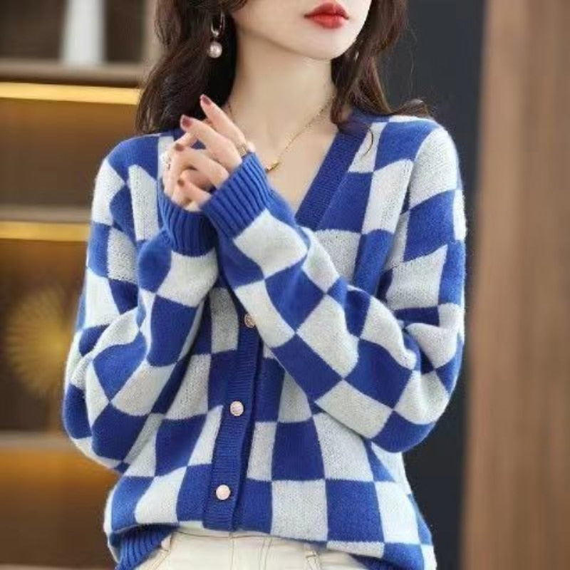 Knitted Sweater Women Oversized Cardigan Single Breasted Long Sleeve Tops Winter 2022 Korean Style Plaid Fashion Clothes Jumpers