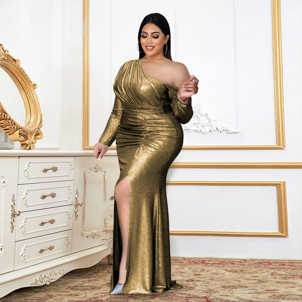 Plus Size Dresses Curvy Women Long Sleeve Cold Shoulder Gold High Waist Long Prom Slit Evening Birthday Party Outfits 4XL Autumn