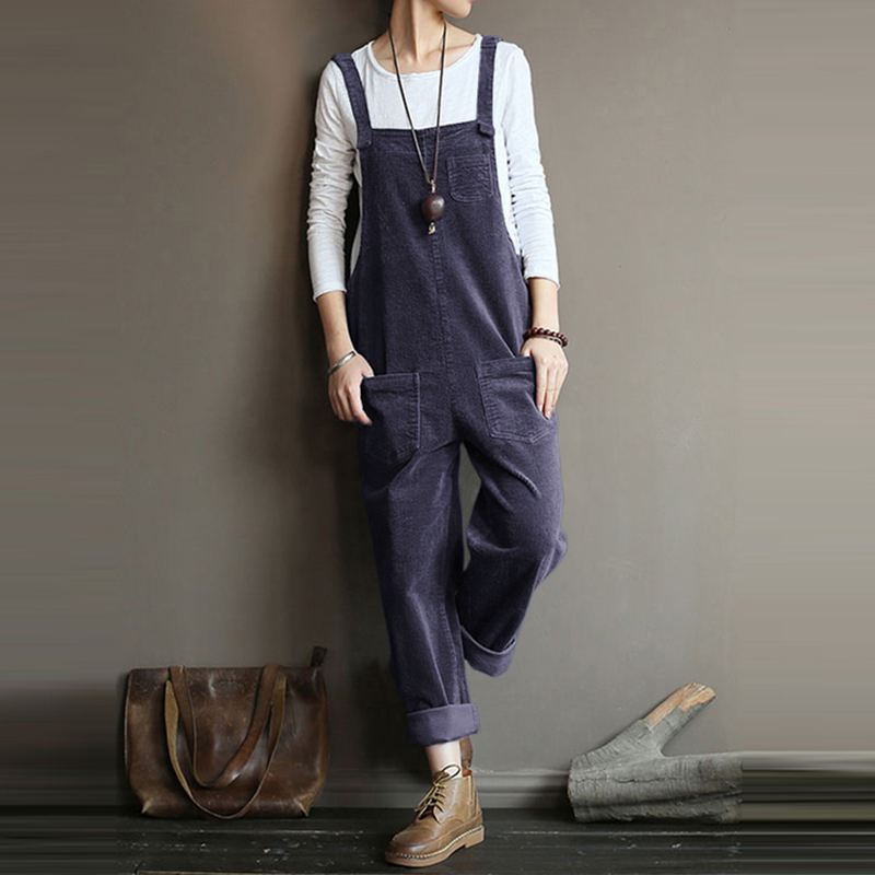 Corduroy Jumpsuits Casual Solid Color