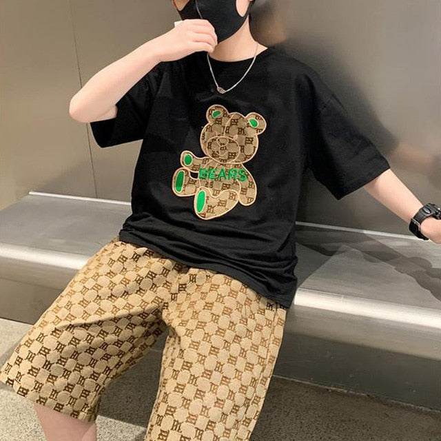 T-shirt +grid Shorts 2pcs Suit