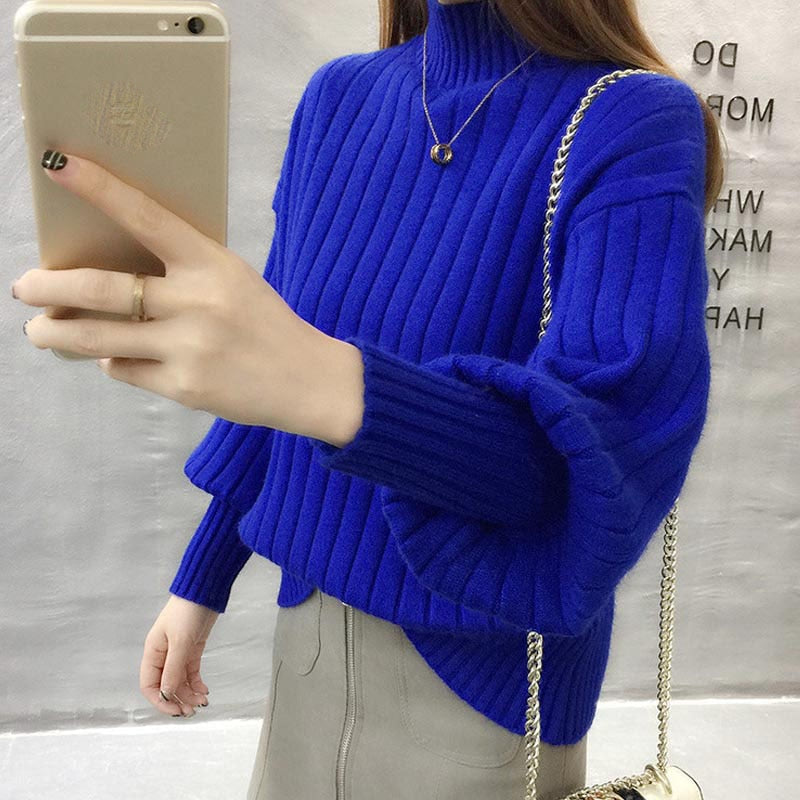 Sweater Ladies Half High Neck Pullover Pure Color 2022 New Fashion Korean Version Loose Lantern Sleeve Knitted Sweater Women