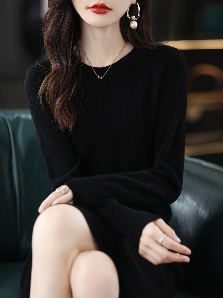 Round Neck Cashmere   Wool Dress