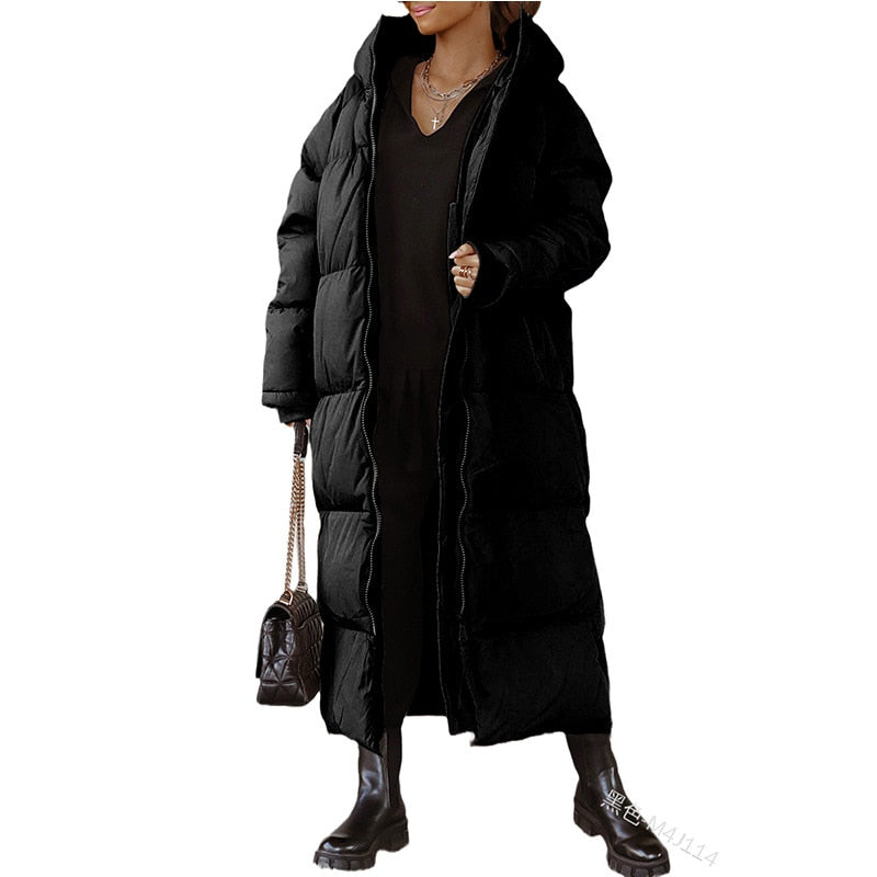 Hooded Solid Color Long Cotton Coat Fashion Casual Zipper Long Sleeve Women's Coat