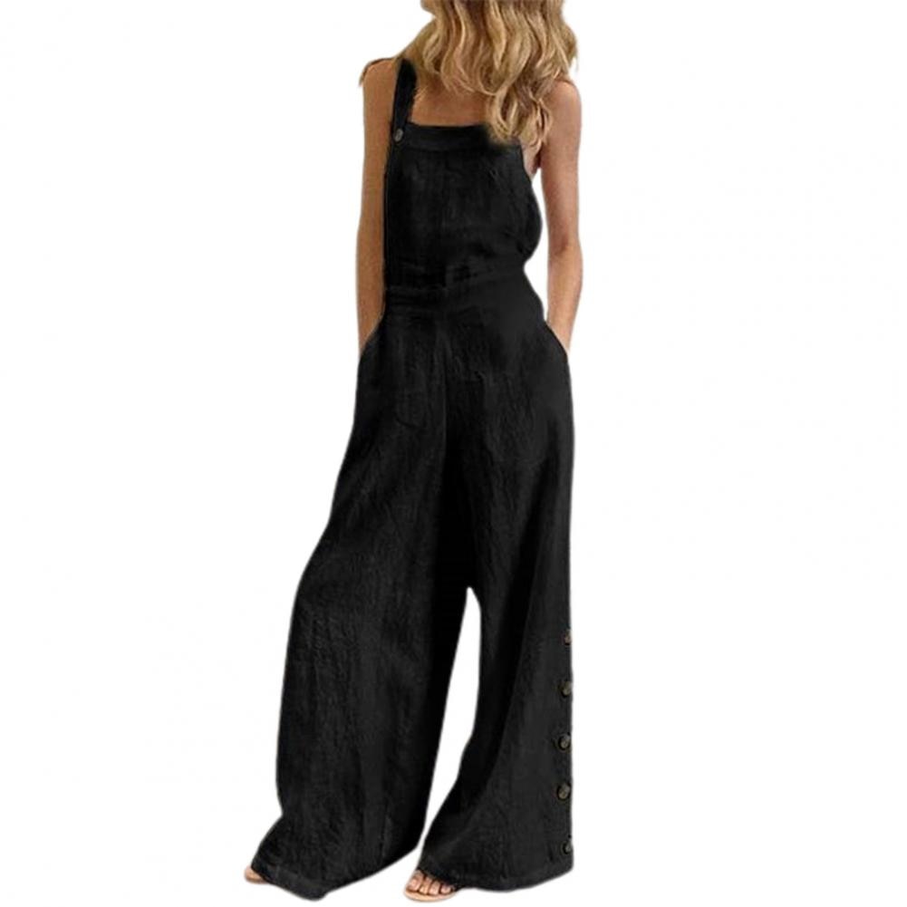 Women Jumpsuit Summer Sleeveless Solid Color Wide Leg Pockets Loose Strappy Playsuit Overall Wide Leg Pockets mono mujer verano