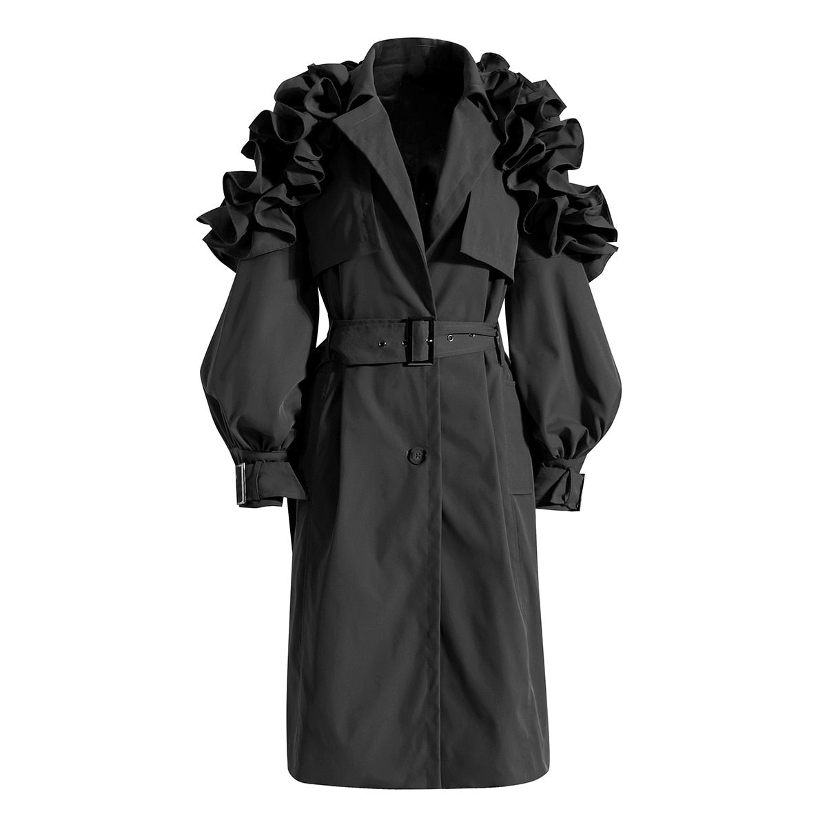 DEAT Fashion Women's Trench Coat Lapel Single Breasted Shoulder Ruffle Long Sleeve Belt Windbreaker Autumn 2023 New 17A2946