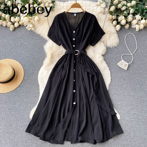 Summer Vacation Chiffon Dresses For Women 2022 Pleated Long Dress Solid Color Temperament V-neck Maxi Bohemia Dress Robe Femme