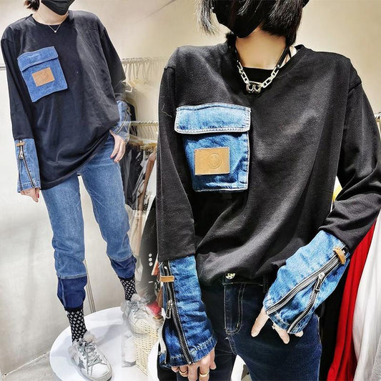 Denim Stitching Long Sleeve T-shirt