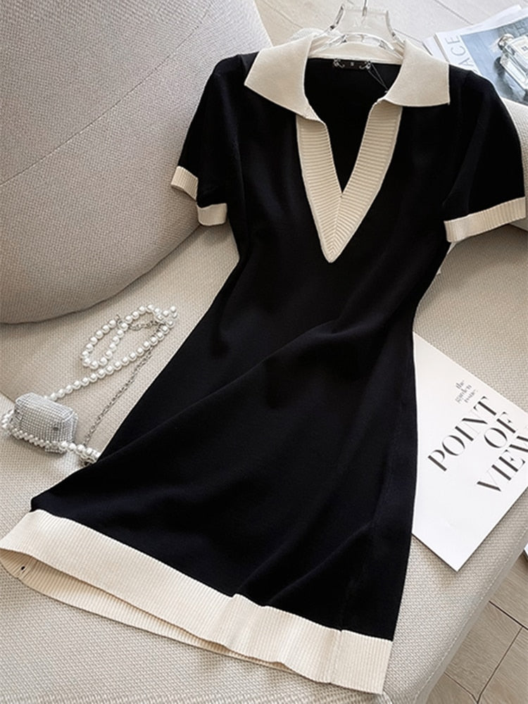 POLO Collar Short-sleeved Knitted Black Dress Summer New Hit Color Straight Loose V-neck T-shirt Short Skirt Base Layer Shirt