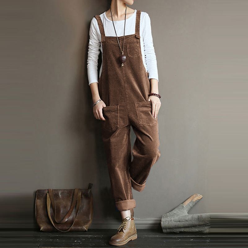 Corduroy Jumpsuits Casual Solid Color