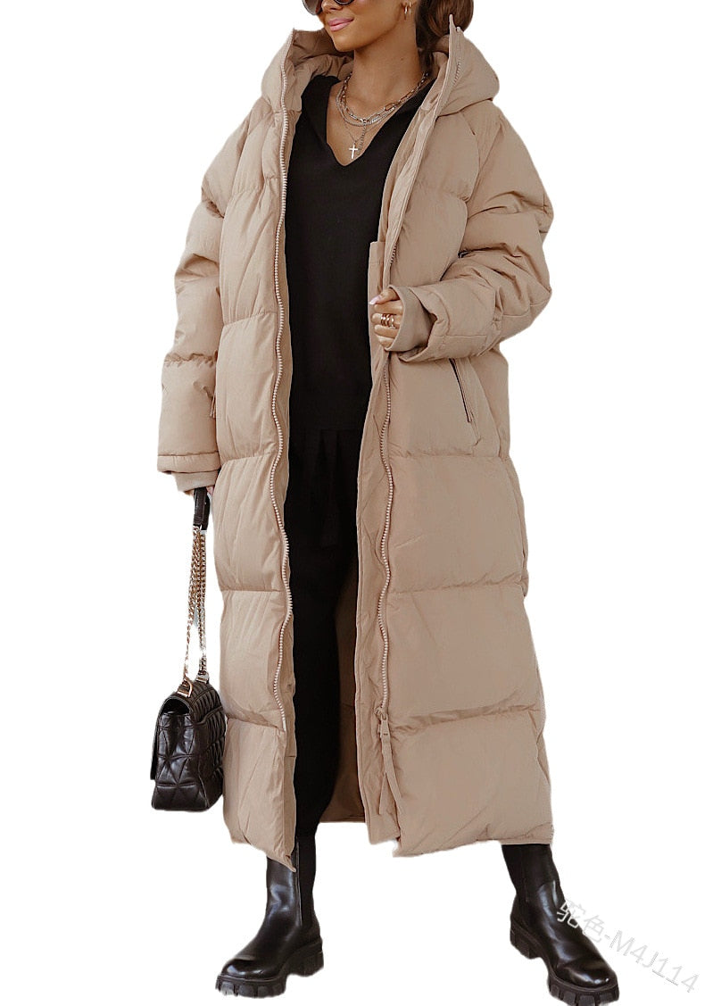 Hooded Solid Color Long Cotton Coat Fashion Casual Zipper Long Sleeve Women's Coat