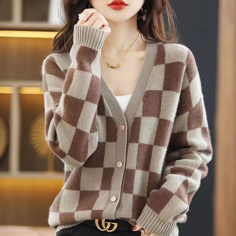 Knitted Sweater Women Oversized Cardigan Single Breasted Long Sleeve Tops Winter 2022 Korean Style Plaid Fashion Clothes Jumpers