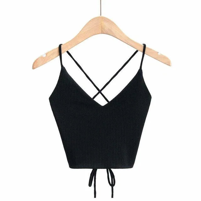 V-Neck Bandage Solid Knitted Tank