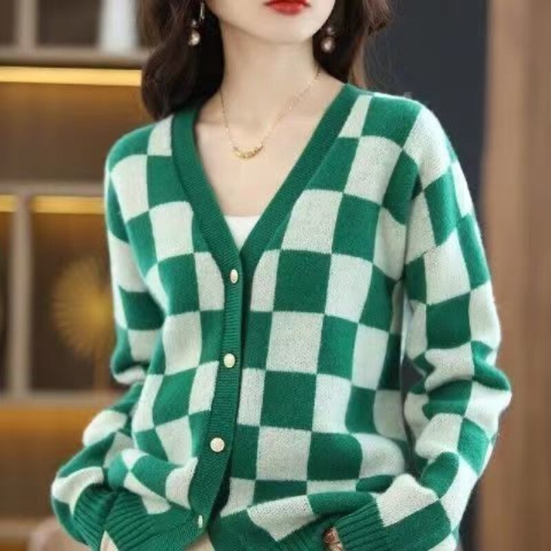 Knitted Sweater Women Oversized Cardigan Single Breasted Long Sleeve Tops Winter 2022 Korean Style Plaid Fashion Clothes Jumpers