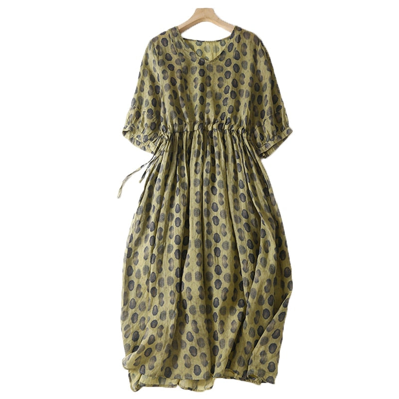 Dark Green Polka Dot Vintage Linen Cotton Women's Dress V-Neck Half Sleeve A-Line Elastic Waist Loose Mid-Calf Dresses For Women