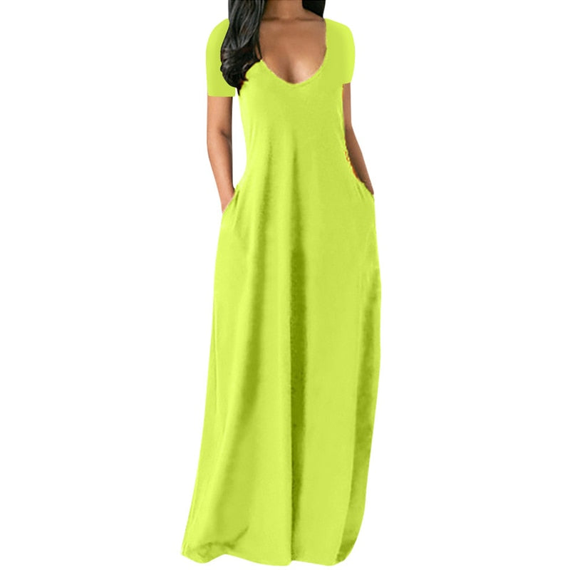 Summer Maxi Dress For Women Clothing 2022 Fashion Solid Color Sexy Deep V-neck Short Sleeve Casual Dress High Waist Pocket Robe